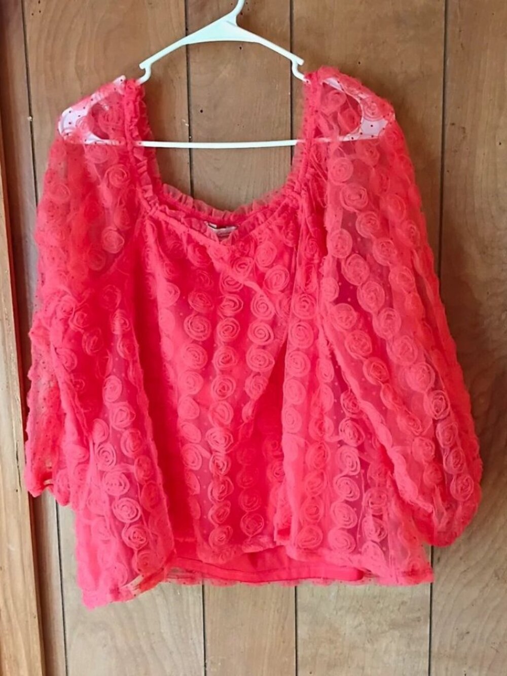 Cato Limited Edition Women’s Red Rosette Sheer Sleeve Blouse Top Size XL NWT M m